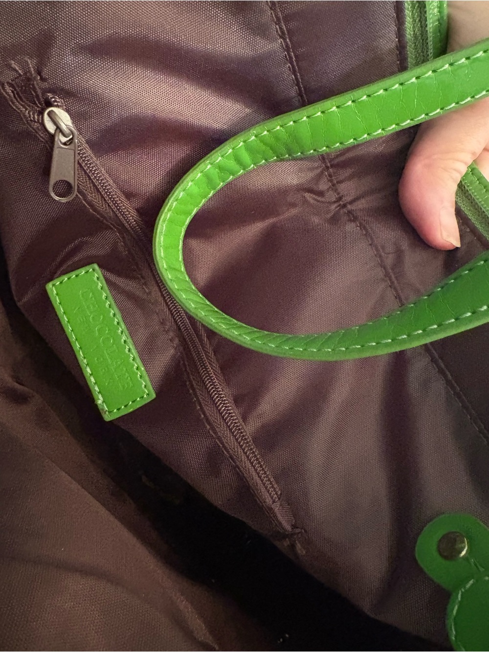 Chocolate Blue Patent Tote with Green Handles and Gold Studs - Picture 5 of 5